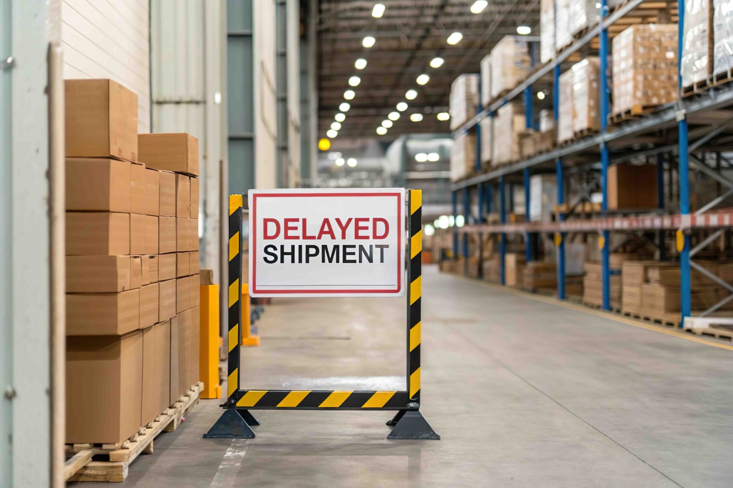 Delayed shipment sign in warehouse. Logistics problem and supply AdobeStock 1262342433 scaled