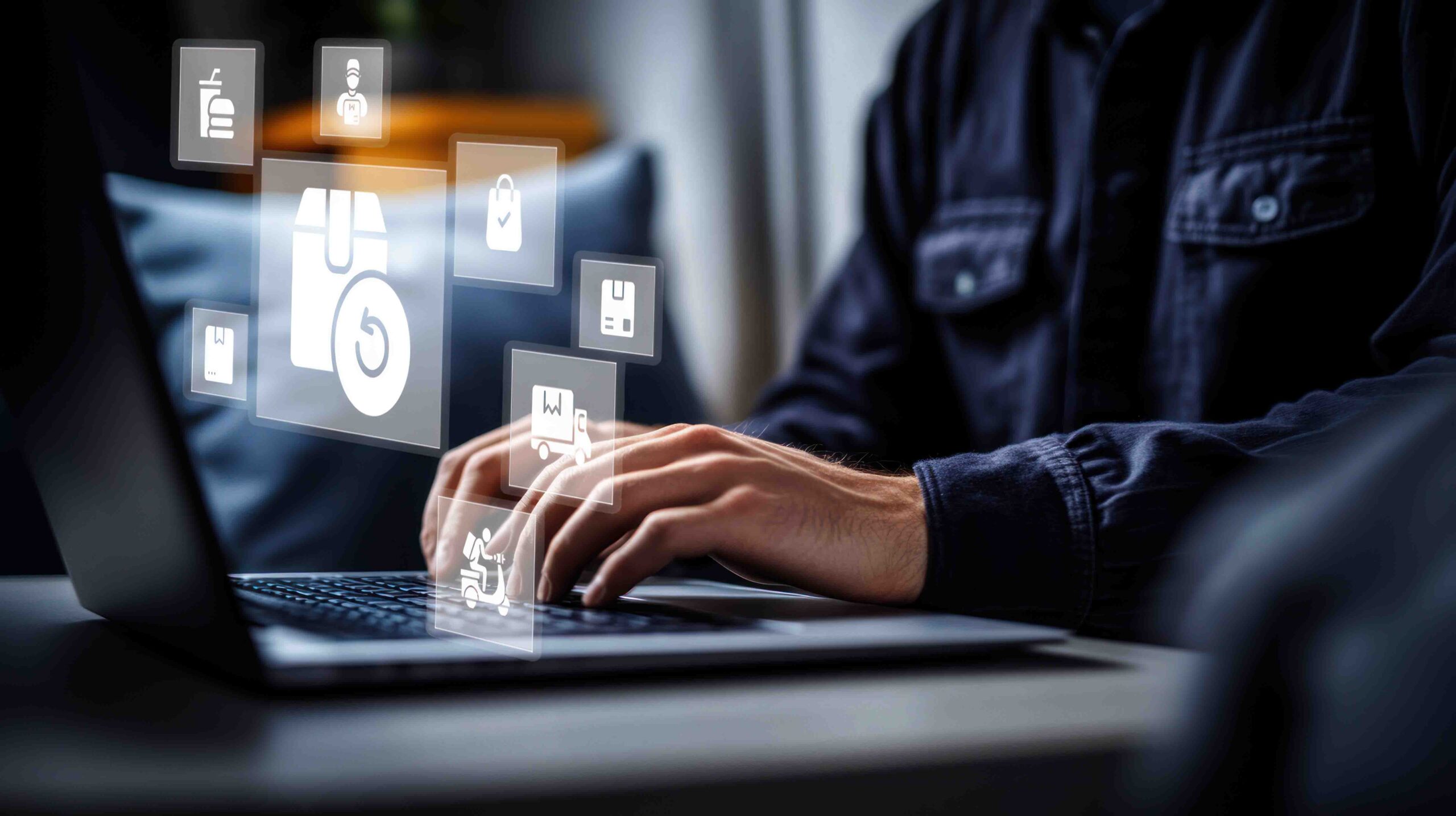 Person using a laptop with floating icons for order return and c AdobeStock 1275407445 scaled