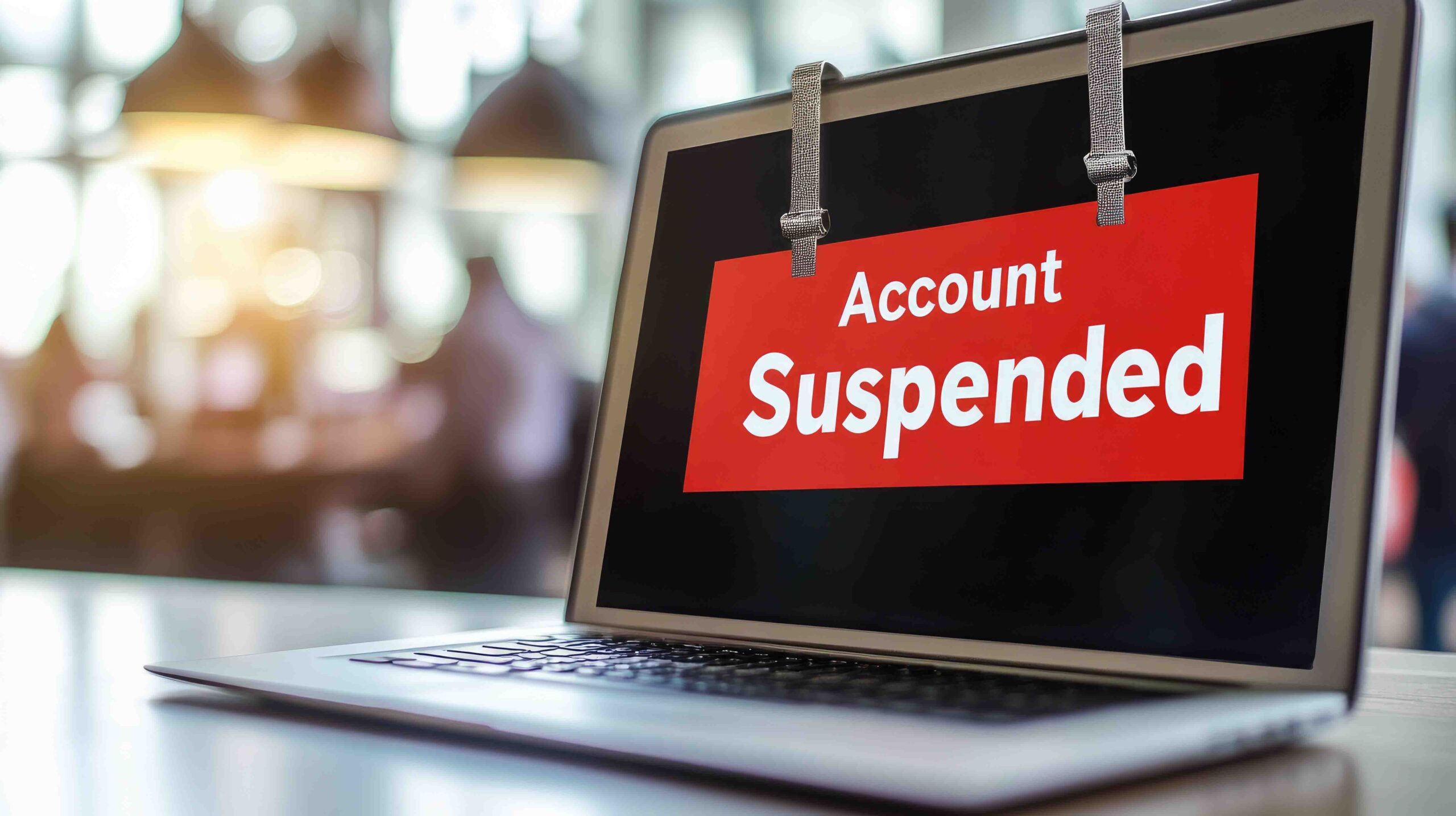 Laptop with an Account Suspended warning due to unpaid debts. AdobeStock 1383171255 scaled