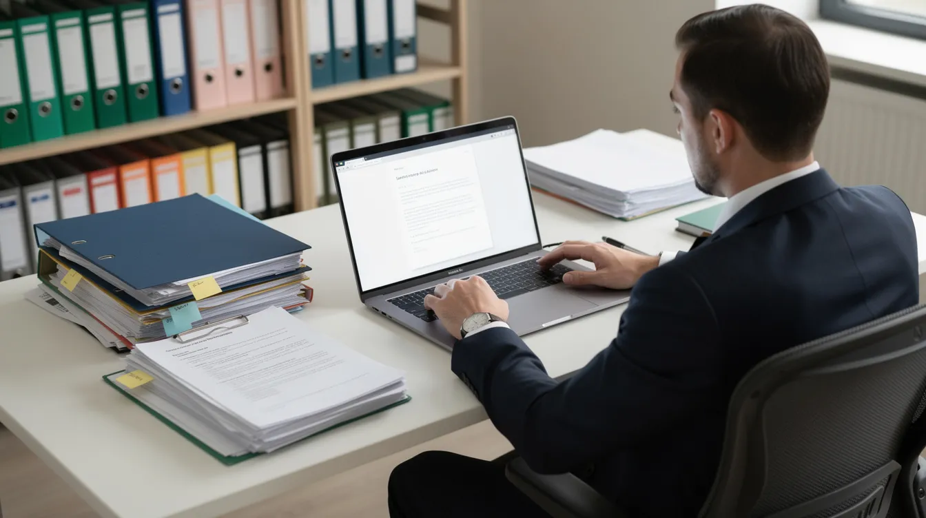 Best Services for Amazon Product Safety Complaint Appeals in 2026 4 The image shows a person sitting at a desk, surrounded by organized folders and paperwork, with a laptop open displaying the seller central account health dashboard. The scene suggests a focus on compliance documentation and safety testing, likely related to product safety issues and accurate product listings.