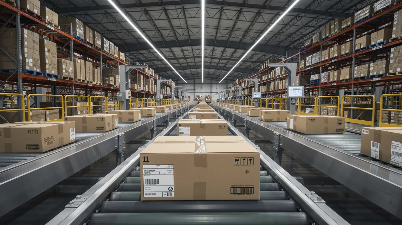Amazon Seller Account Suspended: Fast Action Guide for 2026 3 The image shows a busy warehouse with cardboard shipping boxes moving along a conveyor belt, indicating the process of order fulfillment for sellers. This setup is crucial for maintaining account health and ensuring timely deliveries, which are essential for a successful Amazon seller account.
