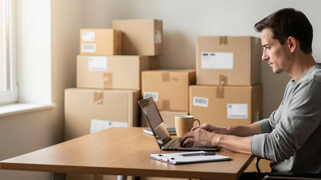 Best Solutions for Amazon Seller Account Terminated: Legitimate Options with New Credentials 2 A person is sitting at a desk in front of a laptop, with shipping boxes stacked behind them, suggesting they are engaged in business activities related to their Amazon seller account. The scene reflects a workspace focused on managing inventory and fulfilling orders, which may include addressing account-related issues or verifying business details.