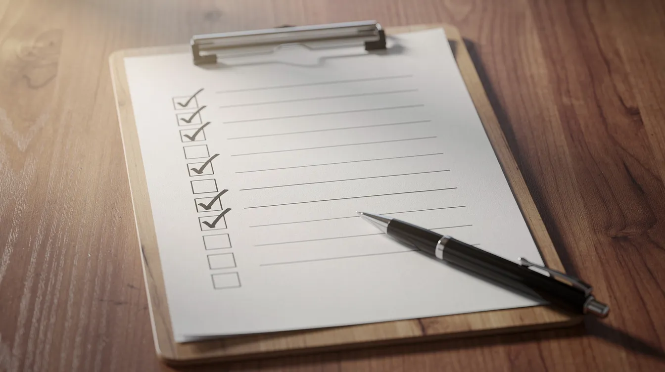 Amazon Suspension Appeal: How To Get Your Amazon Seller Account Reinstated 3 The image shows a clipboard with a checklist and a pen resting on a wooden desk, symbolizing the meticulous planning involved in the Amazon seller account reinstatement process. This visual reflects the importance of preparing a plan of action to address account issues and prevent future suspensions.