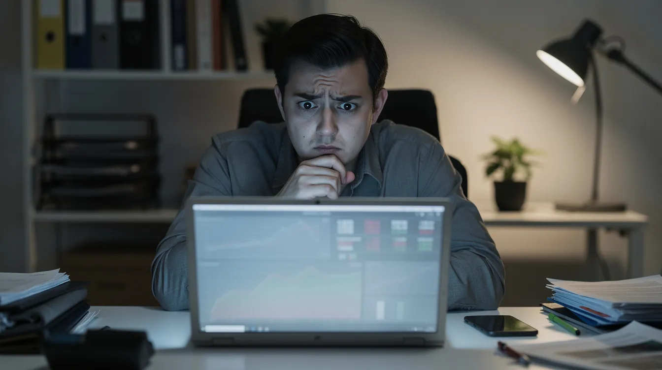 Amazon Suspension Appeal: How To Get Your Amazon Seller Account Reinstated 2 A person sits at a desk, looking at a laptop screen with a worried expression, likely dealing with their Amazon seller account and the implications of a recent suspension notice. The atmosphere conveys concern over account health and the appeal process to reinstate their selling privileges.