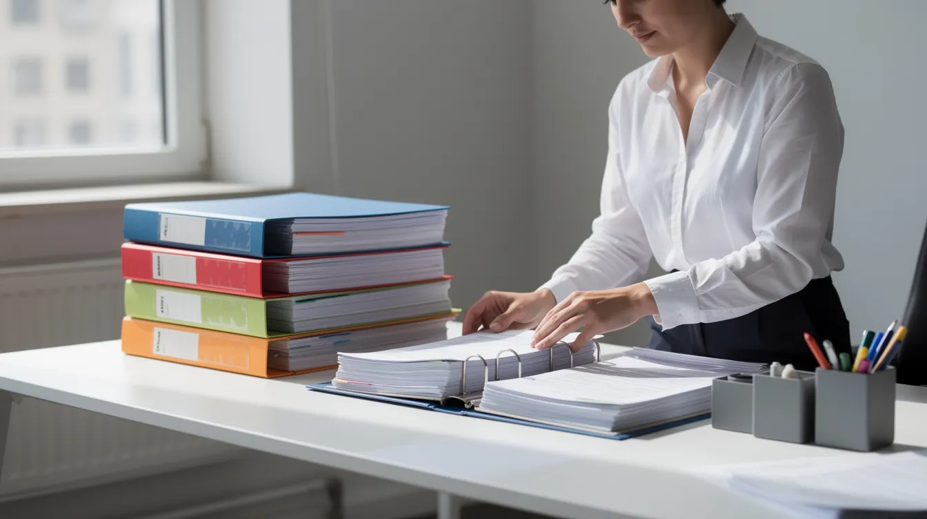 Amazon Seller Account Suspended: Fast Action Guide for 2026 5 The image depicts a person methodically organizing various documents and file folders on a tidy desk, creating an efficient workspace that may help manage important tasks related to their seller account. This organized setup could be crucial for addressing issues like account health and performance metrics, ensuring smooth operations for their Amazon seller account.